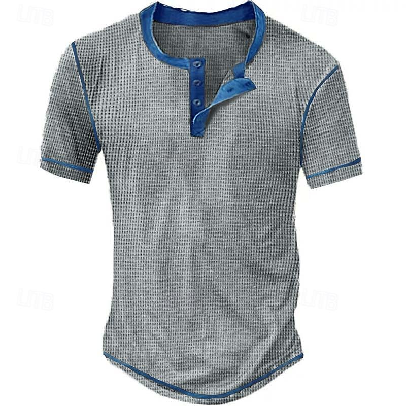 Men's Stylish Plaid Checkered Waffle Henley Shirt with Button Design - Casual Outdoor Short Sleeve Tee