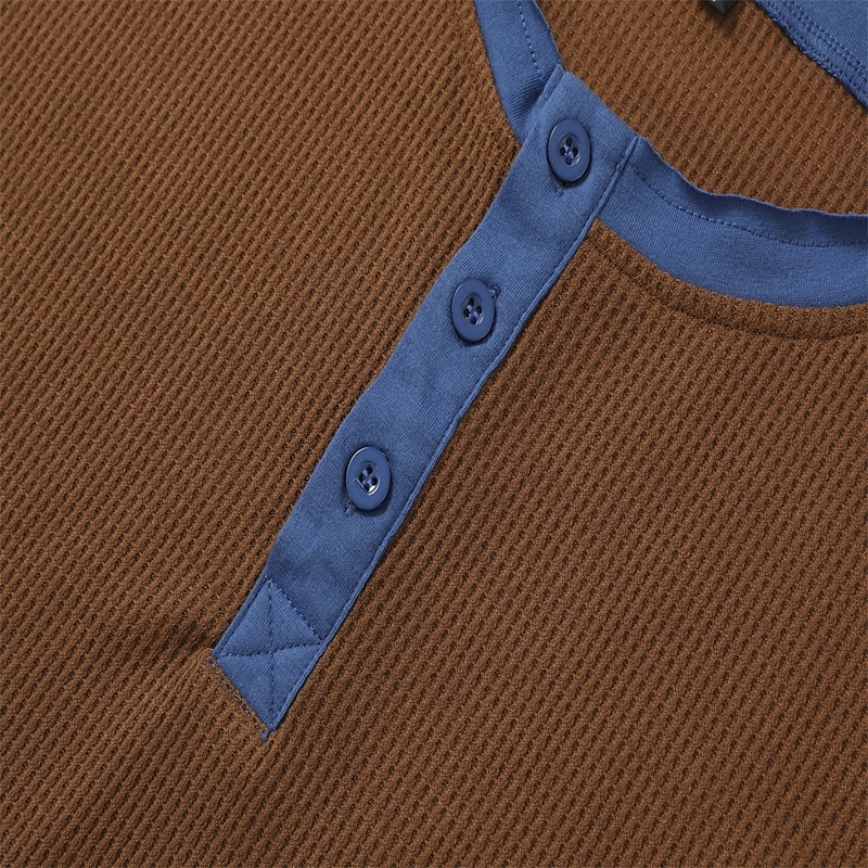 Men's Stylish Plaid Checkered Waffle Henley Shirt with Button Design - Casual Outdoor Short Sleeve Tee