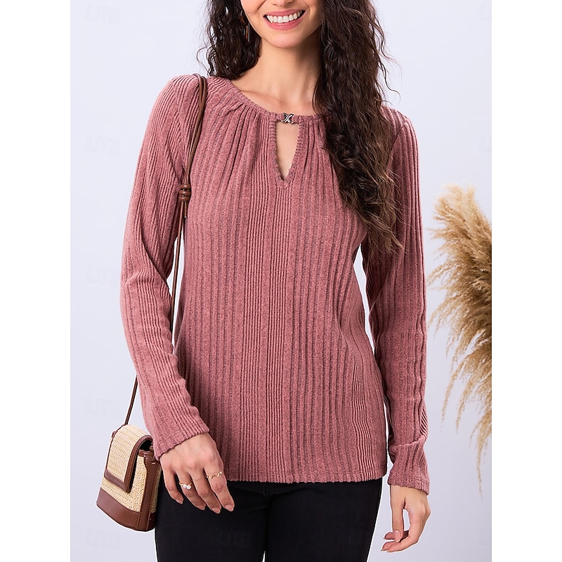 Stylish Rose Pink Long Sleeve Tunic for Daily Casual Wear - Women's Fashion Spring & Fall Top