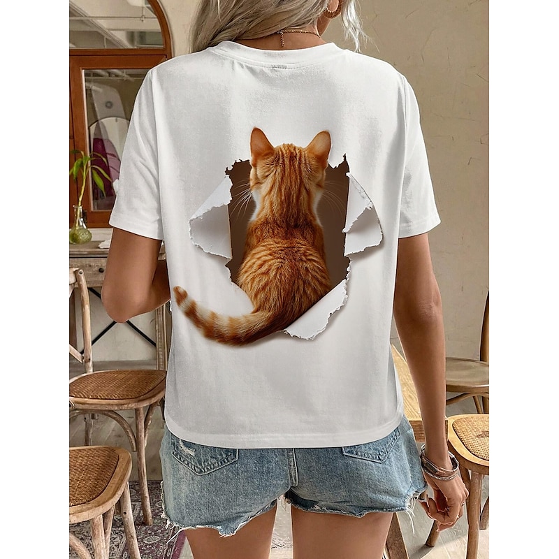 Stylish Women's 3D Cat Print T-Shirt - Trendy Round Neck Short Sleeve for Daily and Weekend Wear