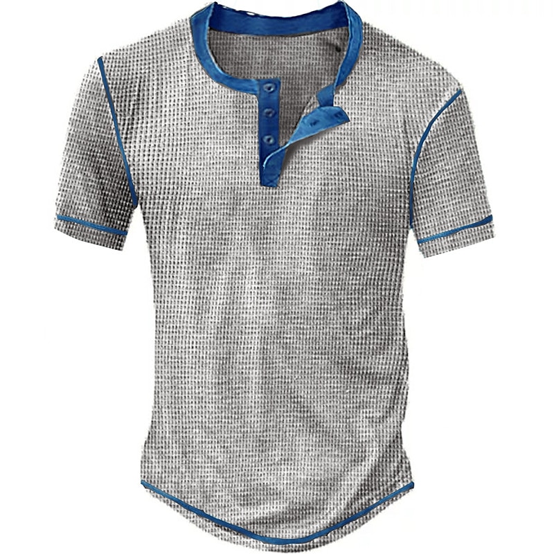 Men's Stylish Plaid Checkered Waffle Henley Shirt with Button Design - Casual Outdoor Short Sleeve Tee