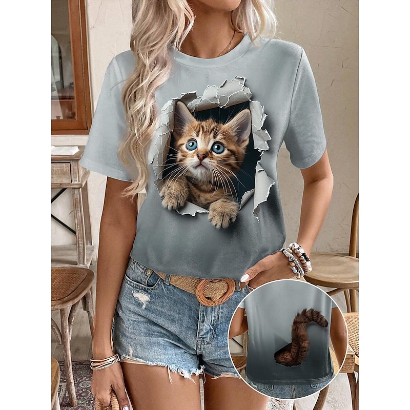 Stylish Women's 3D Cat Print T-Shirt - Trendy Round Neck Short Sleeve for Daily and Weekend Wear