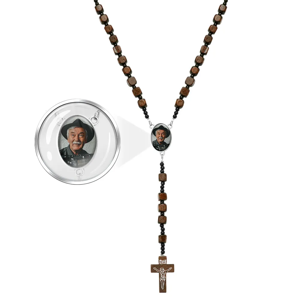 Personalized Custom Rosary Beads Cross Necklace with Square Wooden Beads and Photo Pendant PF-CH-0340