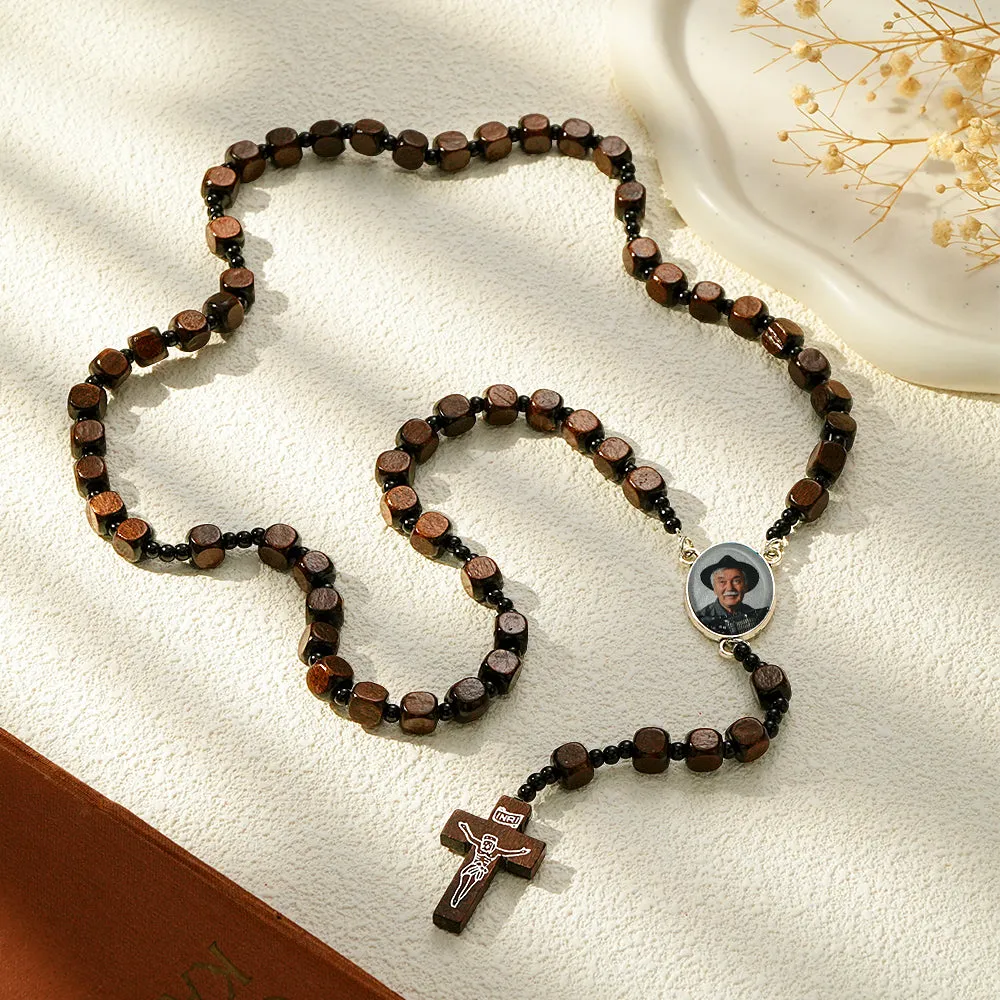 Personalized Custom Rosary Beads Cross Necklace with Square Wooden Beads and Photo Pendant PF-CH-0340