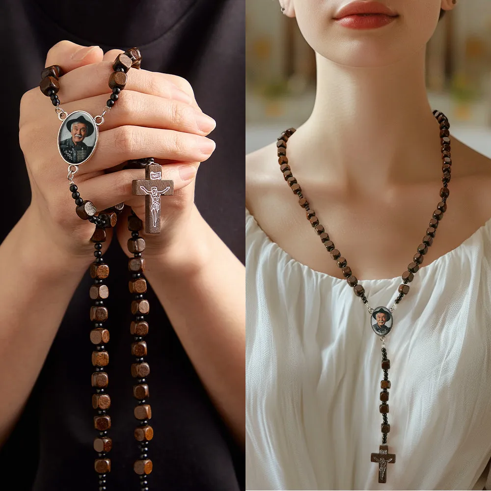 Personalized Custom Rosary Beads Cross Necklace with Square Wooden Beads and Photo Pendant PF-CH-0340
