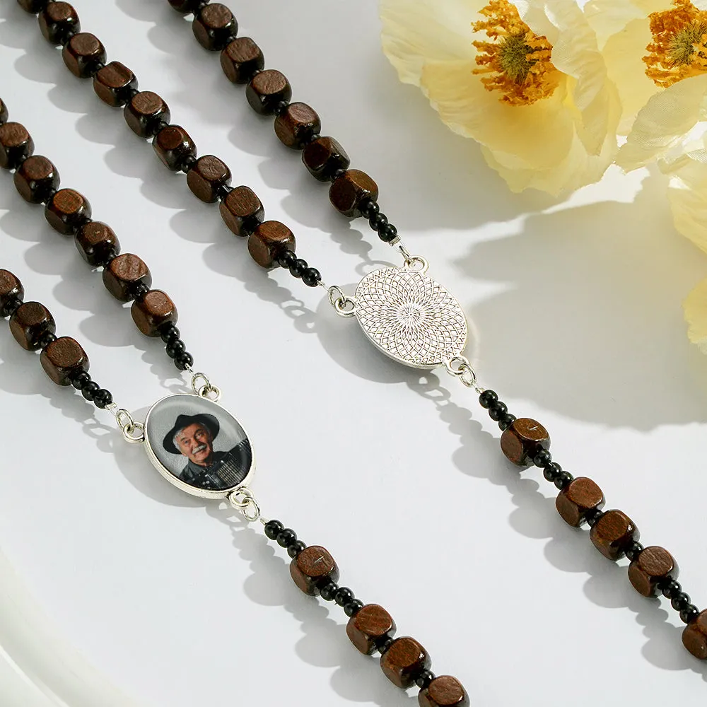 Personalized Custom Rosary Beads Cross Necklace with Square Wooden Beads and Photo Pendant PF-CH-0340